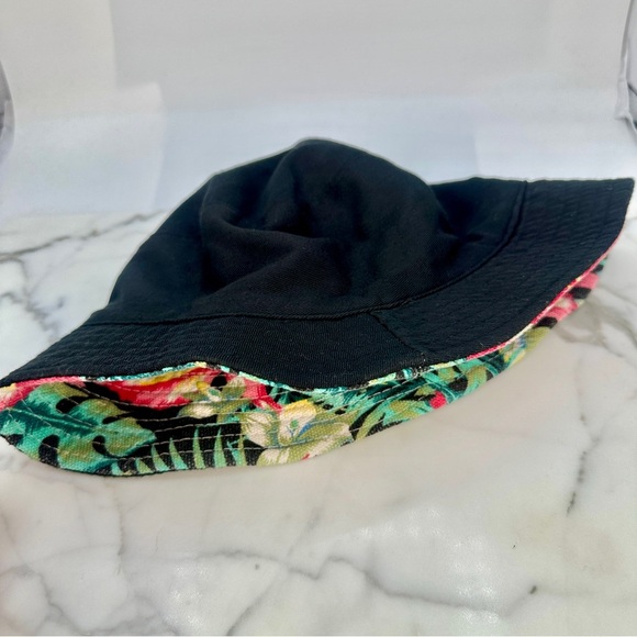 Hawaiian Bucket Hat Tropical Reversible Solid Black Cotton Blend Unisex Packable - Picture 4 of 8